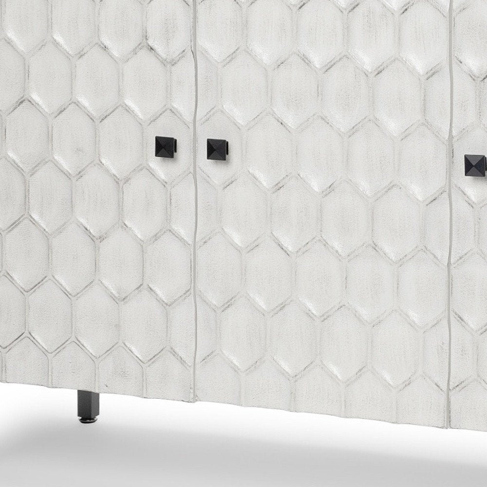 47" White and Gray Wood and Metal Carved Geometric Accent Cabinet With Three Doors. Cabinet isolated on a plain white background, in a white metal finish.