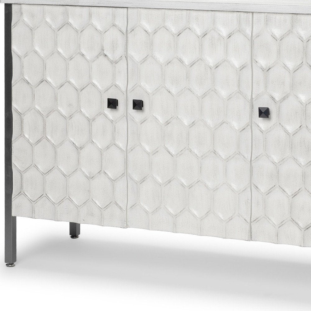 47" White and Gray Wood and Metal Carved Geometric Accent Cabinet With Three Doors