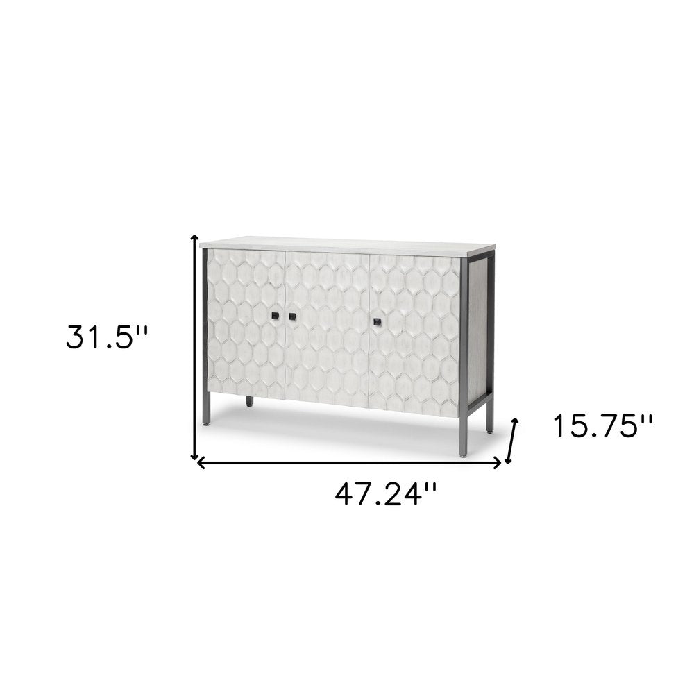 47" White and Gray Wood and Metal Carved Geometric Accent Cabinet With Three Doors