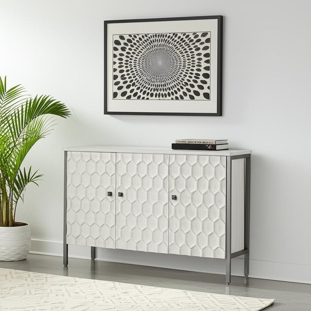 47" White and Gray Wood and Metal Carved Geometric Accent Cabinet With Three Doors
