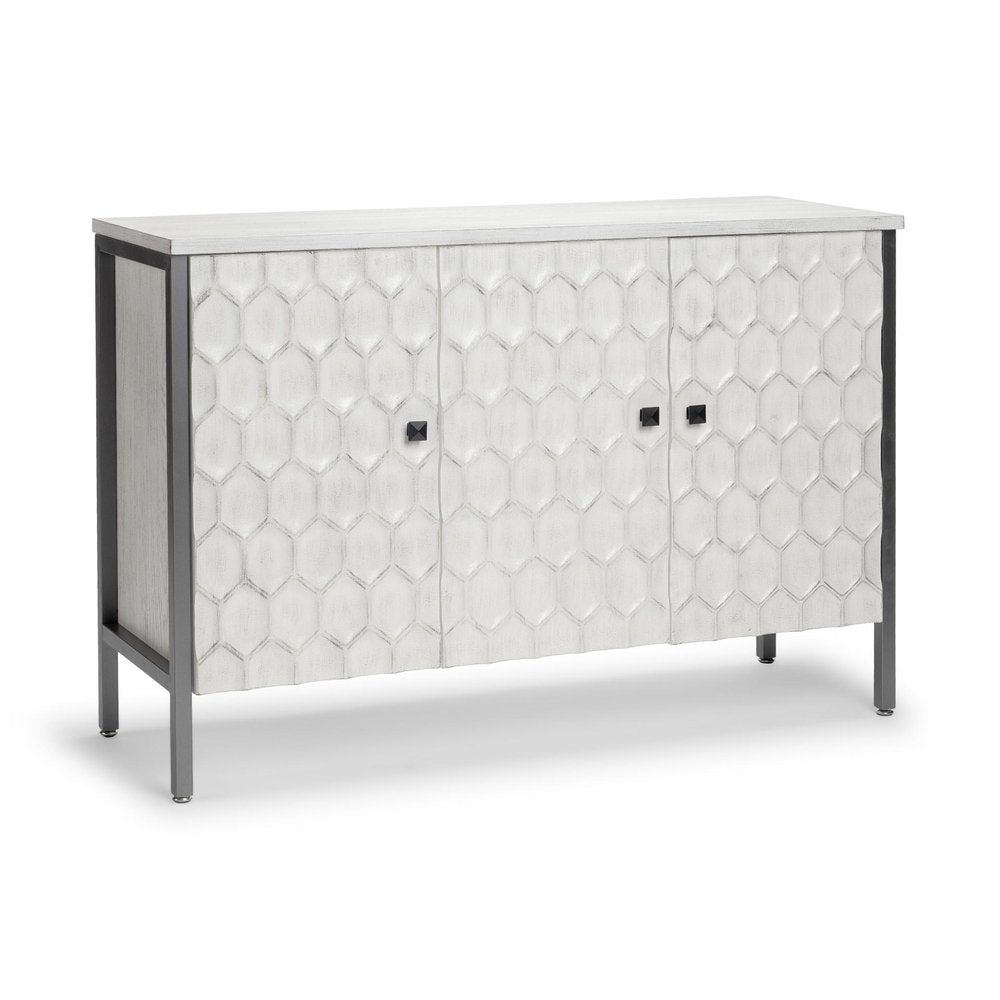 47" White and Gray Wood and Metal Carved Geometric Accent Cabinet With Three Doors. Cabinet isolated on a plain white background, showing a white metal surface.