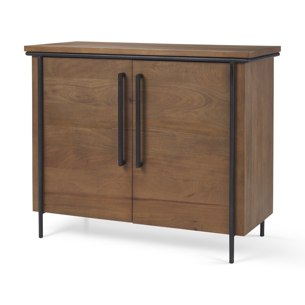 40" Brown and Black Solid Wood and Metal Accent Cabinet With Two Doors