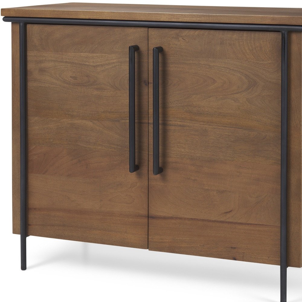 40" Brown and Black Solid Wood and Metal Accent Cabinet With Two Doors