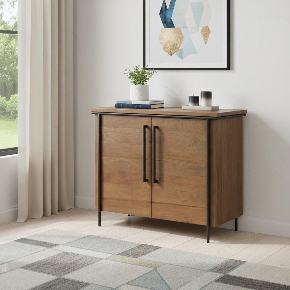 40" Brown and Black Solid Wood and Metal Accent Cabinet With Two Doors