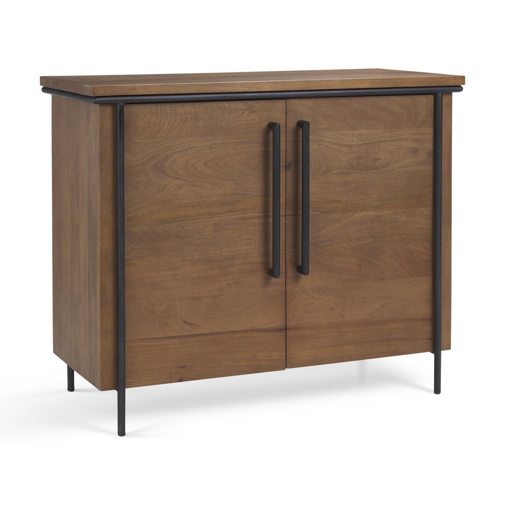 40" Brown and Black Solid Wood and Metal Accent Cabinet With Two Doors. Cabinet isolated on a plain white background, in a black wood finish.