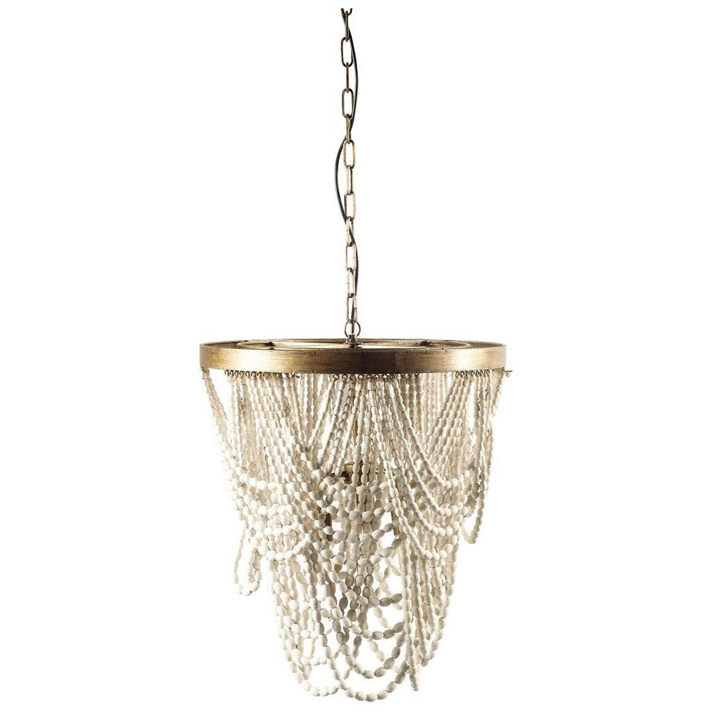 White And Gold Empire Three Light Metal and Beads Dimmable Chandelier on a white background