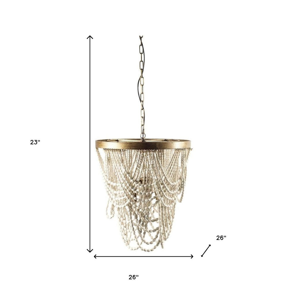 White And Gold Empire Three Light Metal and Beads Dimmable Chandelier on a white background