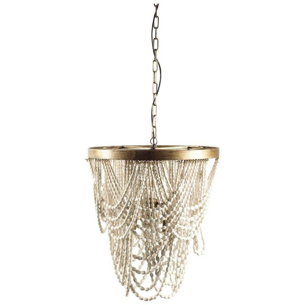 White And Gold Empire Three Light Metal and Beads Dimmable Chandelier on a white background