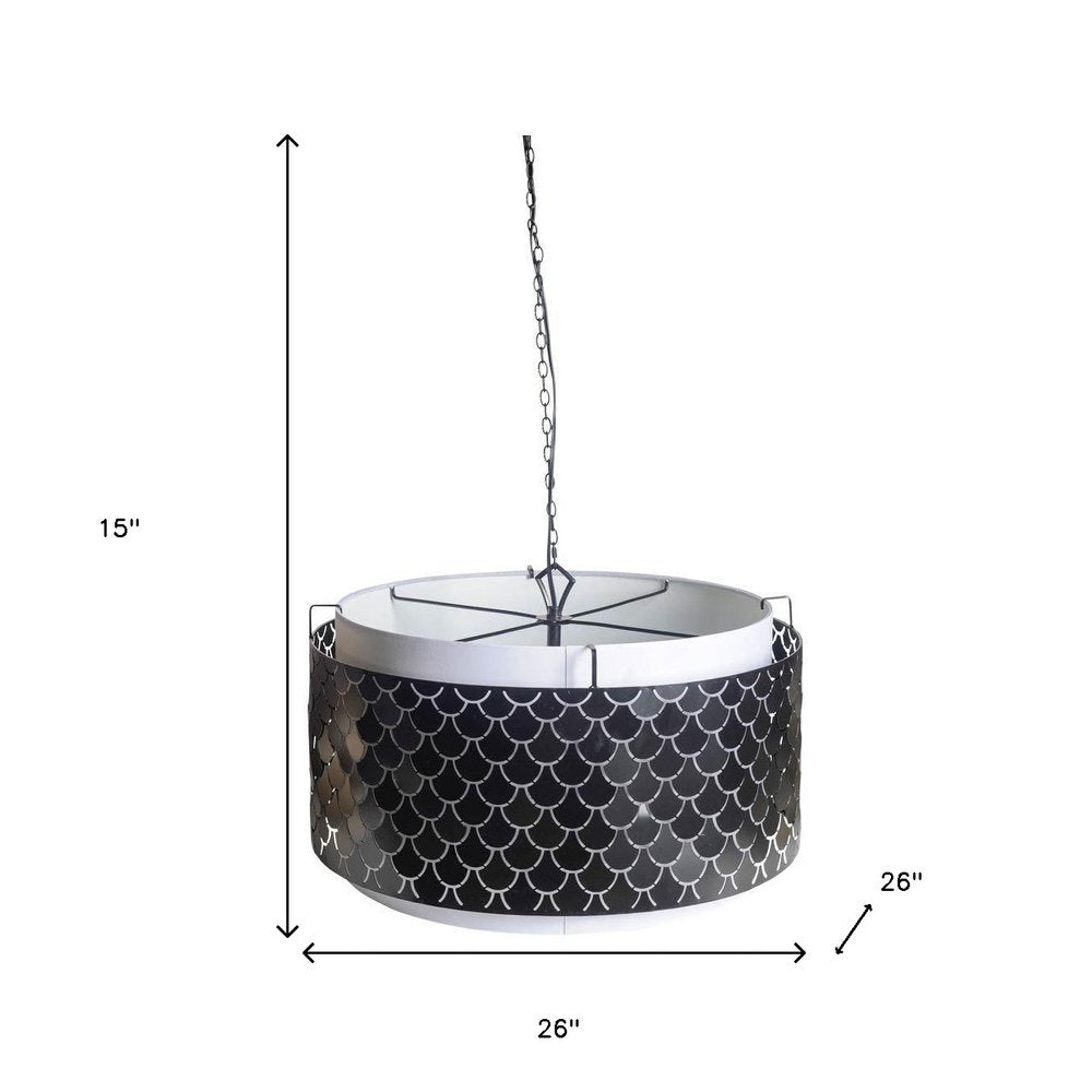 Charcoal Black And White Drum Metal Dimmable Chandelier With Black Shades on a white background