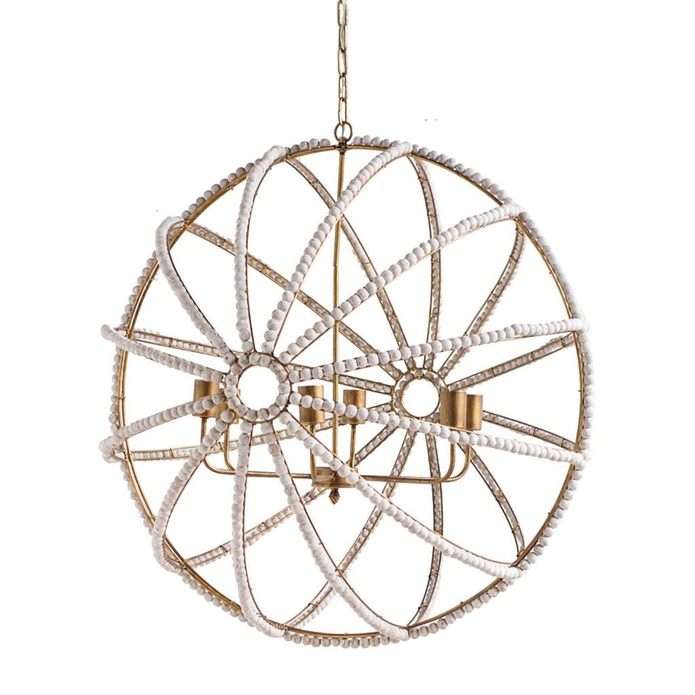 White And Gold Empire Six Light Metal and Beads Dimmable Chandelier on a white background