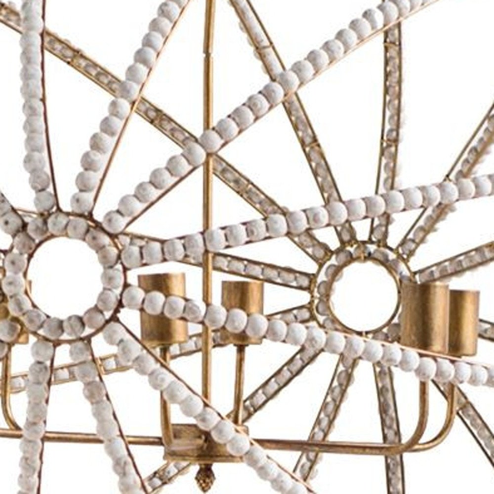White And Gold Empire Six Light Metal and Beads Dimmable Chandelier on a white background