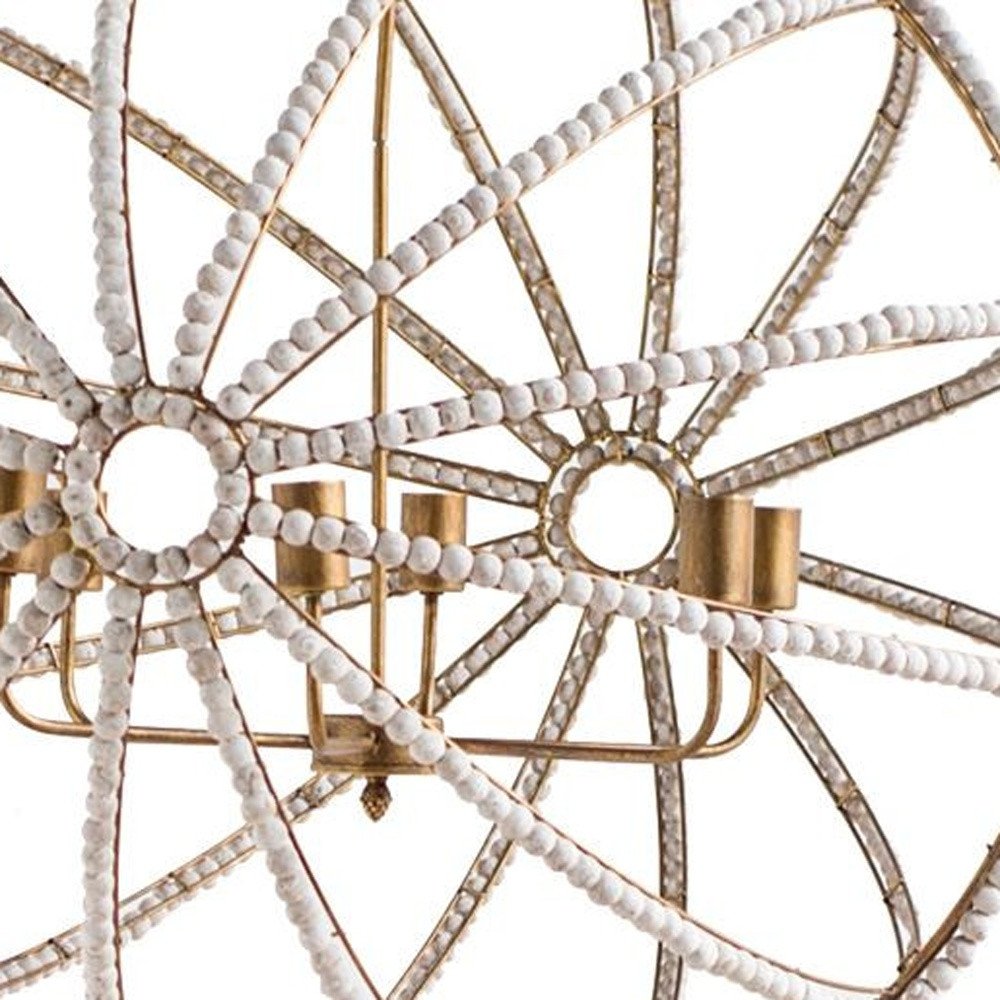White And Gold Empire Six Light Metal and Beads Dimmable Chandelier on a white background