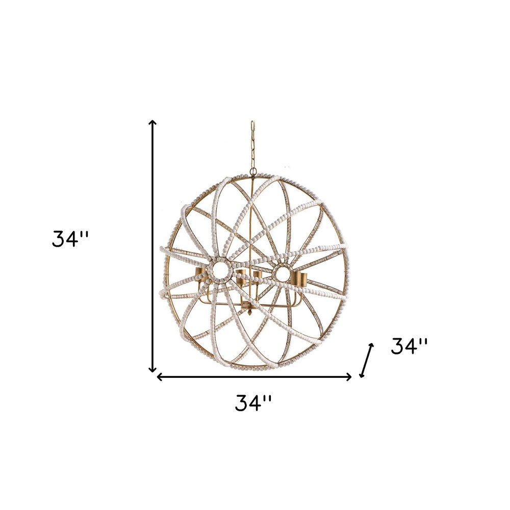 White And Gold Empire Six Light Metal and Beads Dimmable Chandelier on a white background
