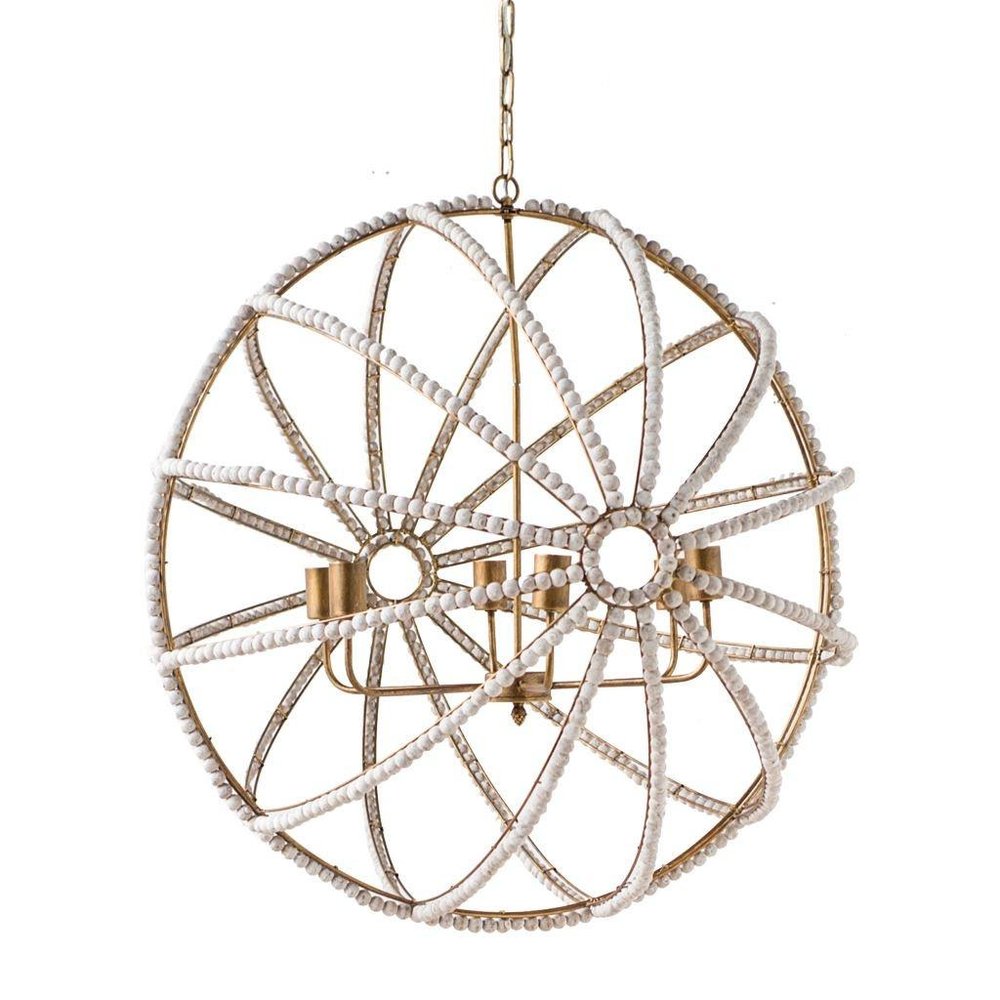 White And Gold Empire Six Light Metal and Beads Dimmable Chandelier on a white background