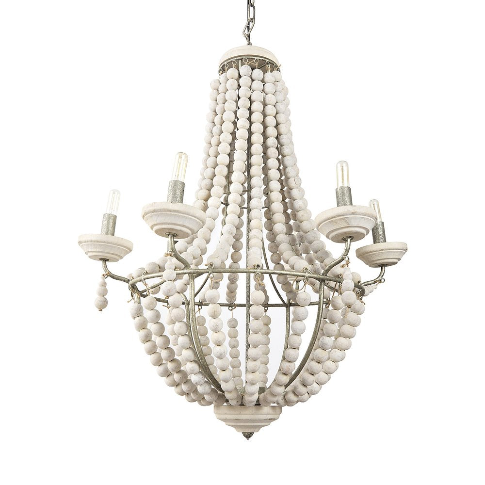 Silver And White Empire Six Light Metal and Beads Dimmable Chandelier on a white background