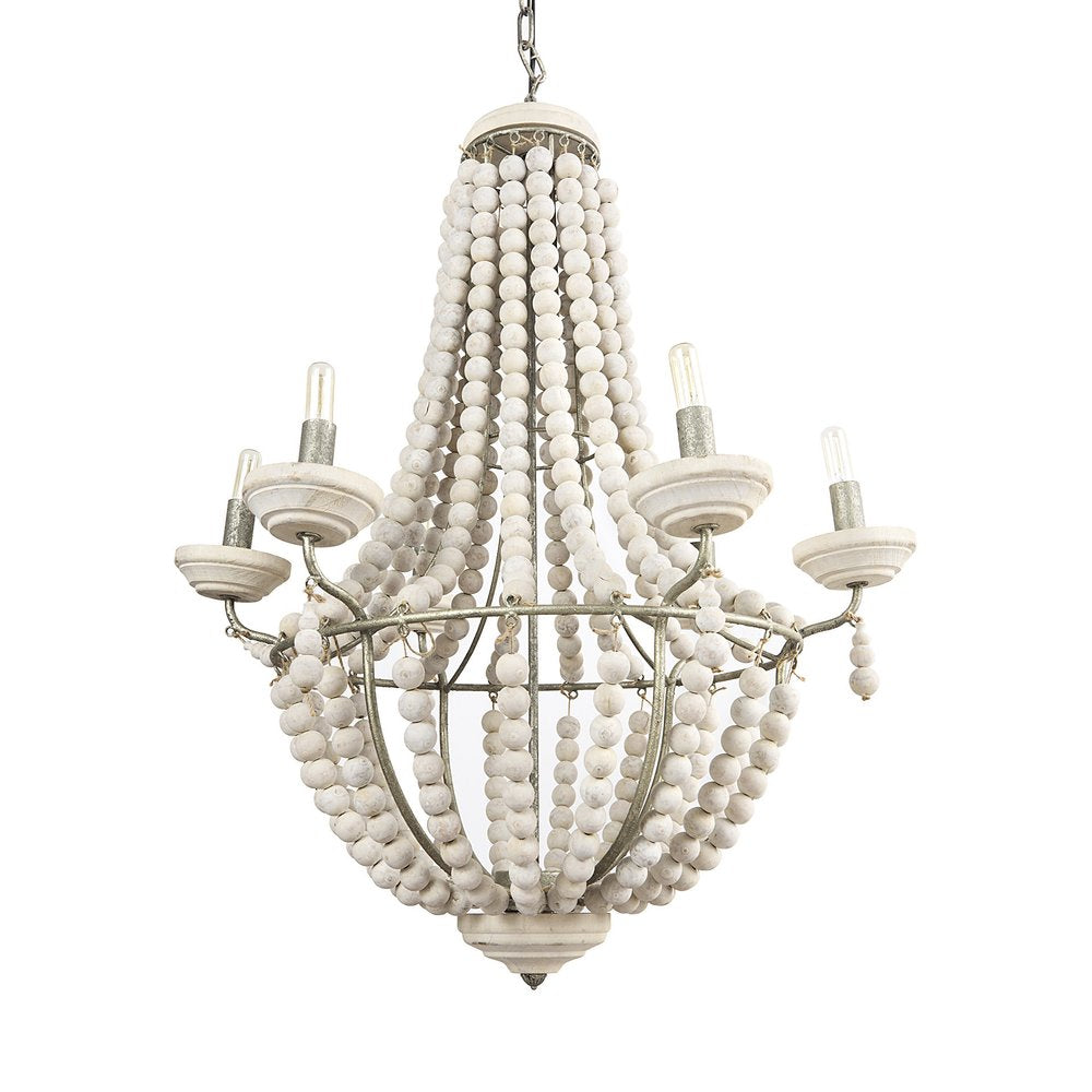 Silver And White Empire Six Light Metal and Beads Dimmable Chandelier on a white background
