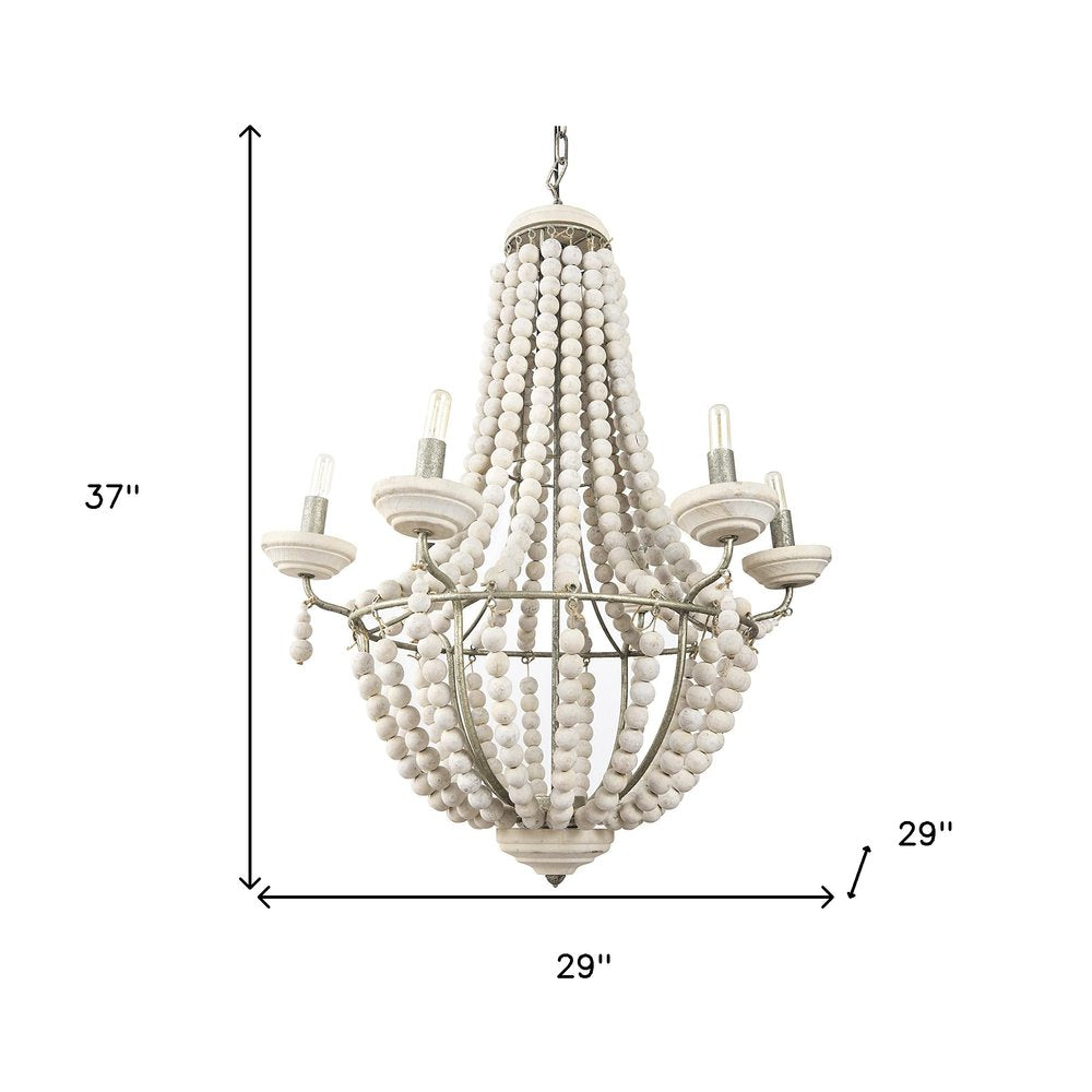 Silver And White Empire Six Light Metal and Beads Dimmable Chandelier on a white background