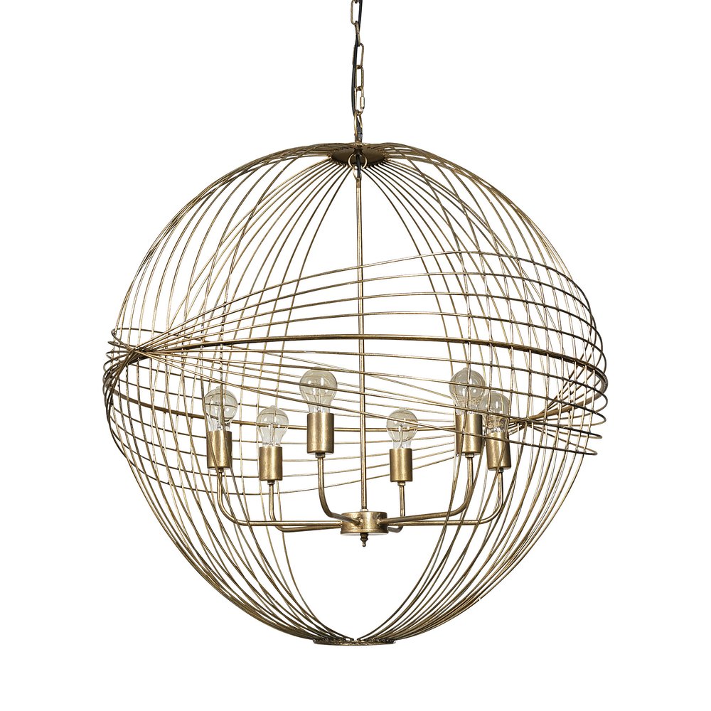 Gold Caged Six Light Metal and Glass Dimmable Chandelier With Gold Shades on a white background