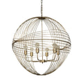 Gold Caged Six Light Metal and Glass Dimmable Chandelier With Gold Shades on a white background
