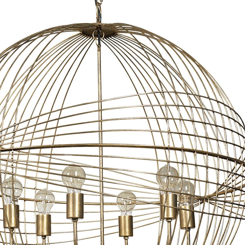 Gold Caged Six Light Metal and Glass Dimmable Chandelier With Gold Shades on a white background