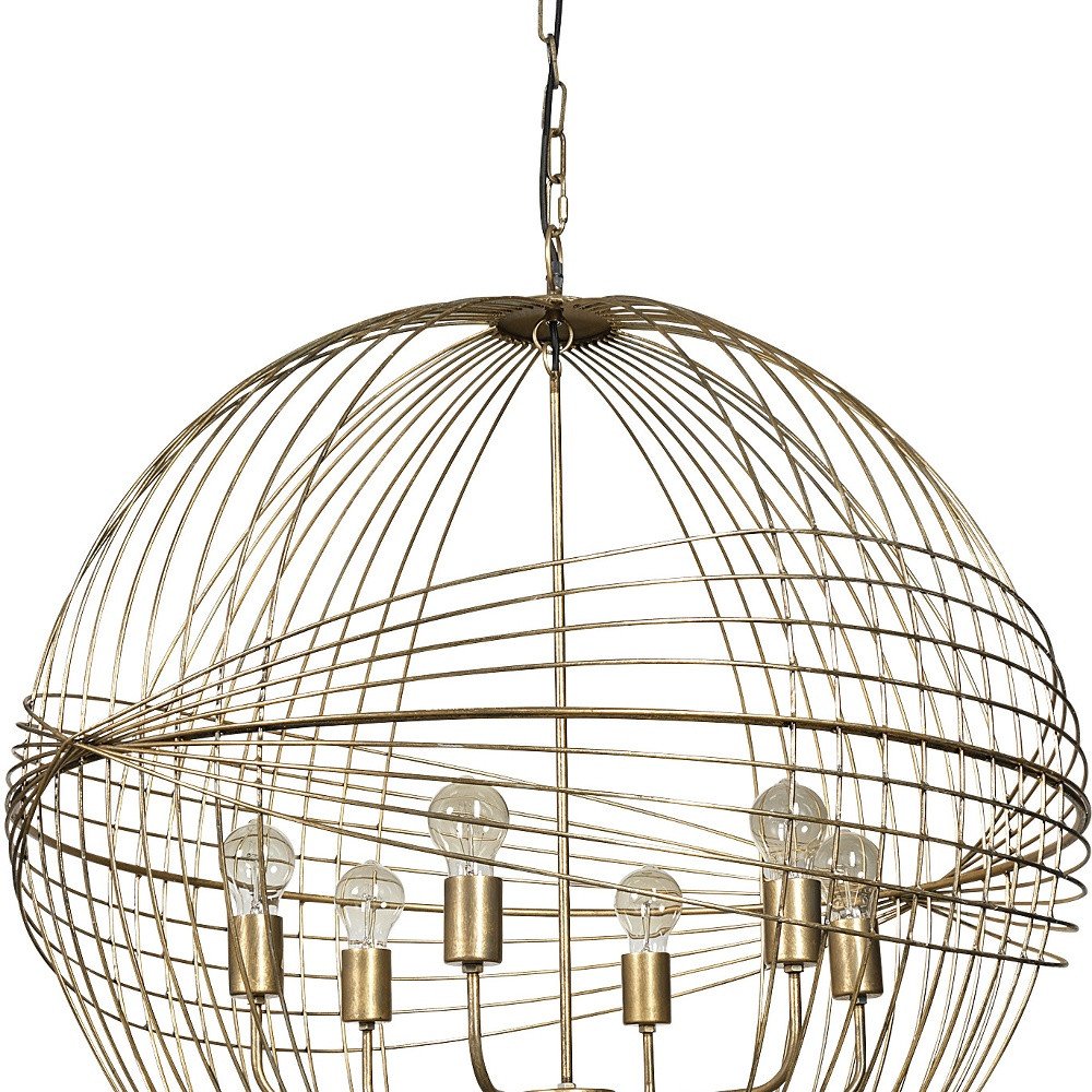 Gold Caged Six Light Metal and Glass Dimmable Chandelier With Gold Shades on a white background