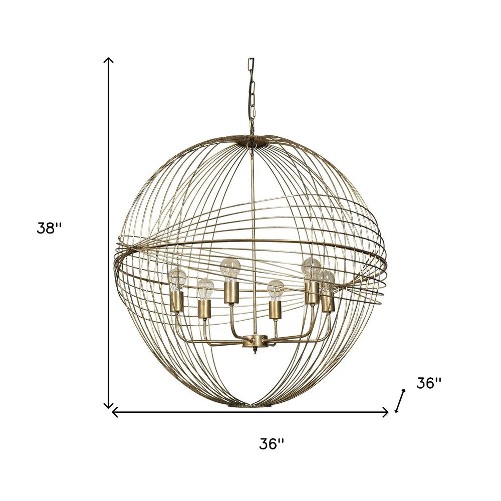 Gold Caged Six Light Metal and Glass Dimmable Chandelier With Gold Shades on a white background