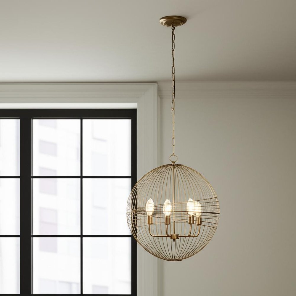 Gold Caged Six Light Metal and Glass Dimmable Chandelier With Gold Shades on a white background