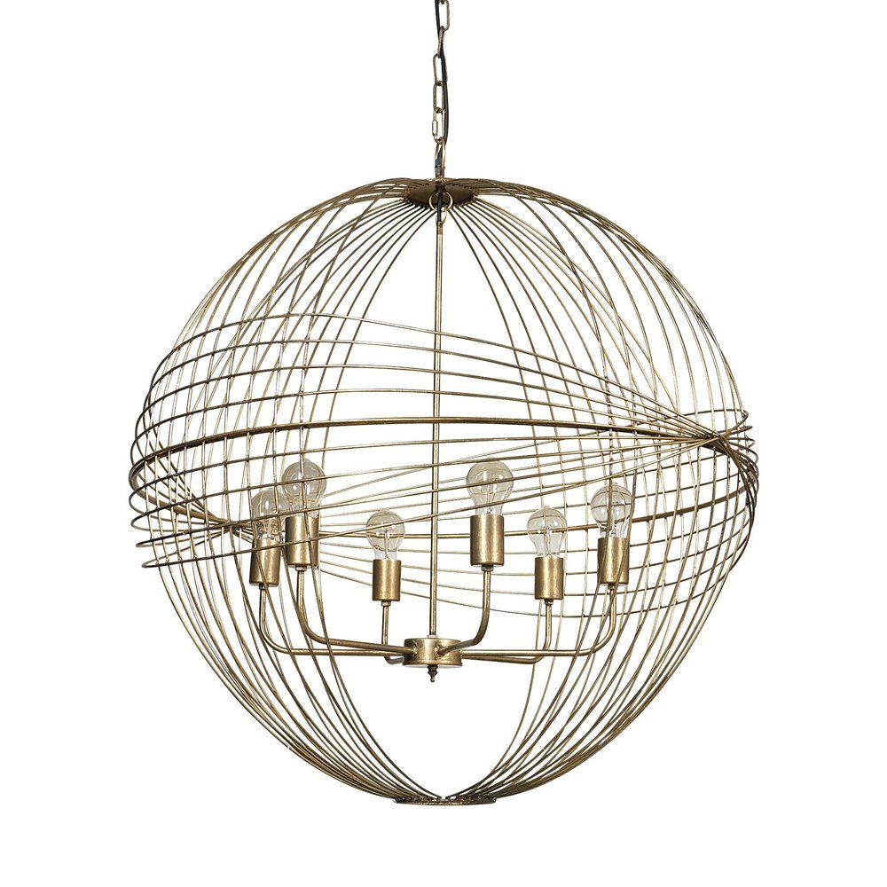 Gold Caged Six Light Metal and Glass Dimmable Chandelier With Gold Shades on a white background