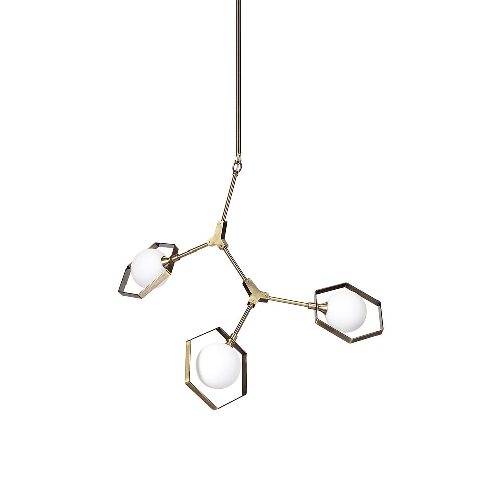 Champagne Unique Statement Three Light Metal and Glass Dimmable Chandelier With White Shades on a white background