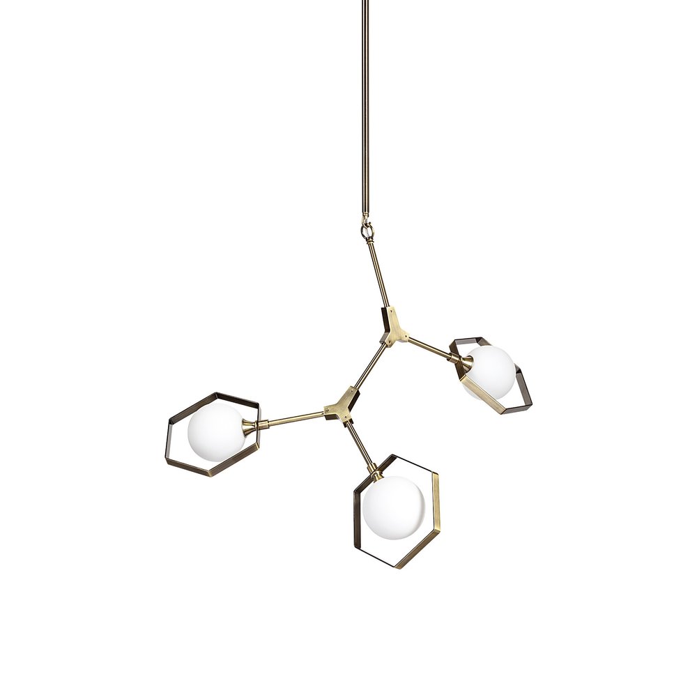 Champagne Unique Statement Three Light Metal and Glass Dimmable Chandelier With White Shades on a white background