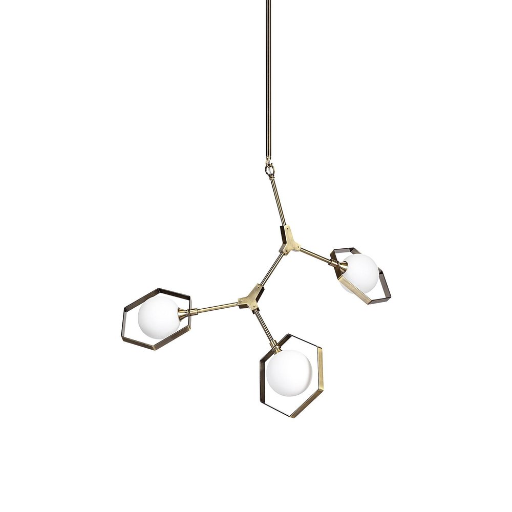 Champagne Unique Statement Three Light Metal and Glass Dimmable Chandelier With White Shades on a white background
