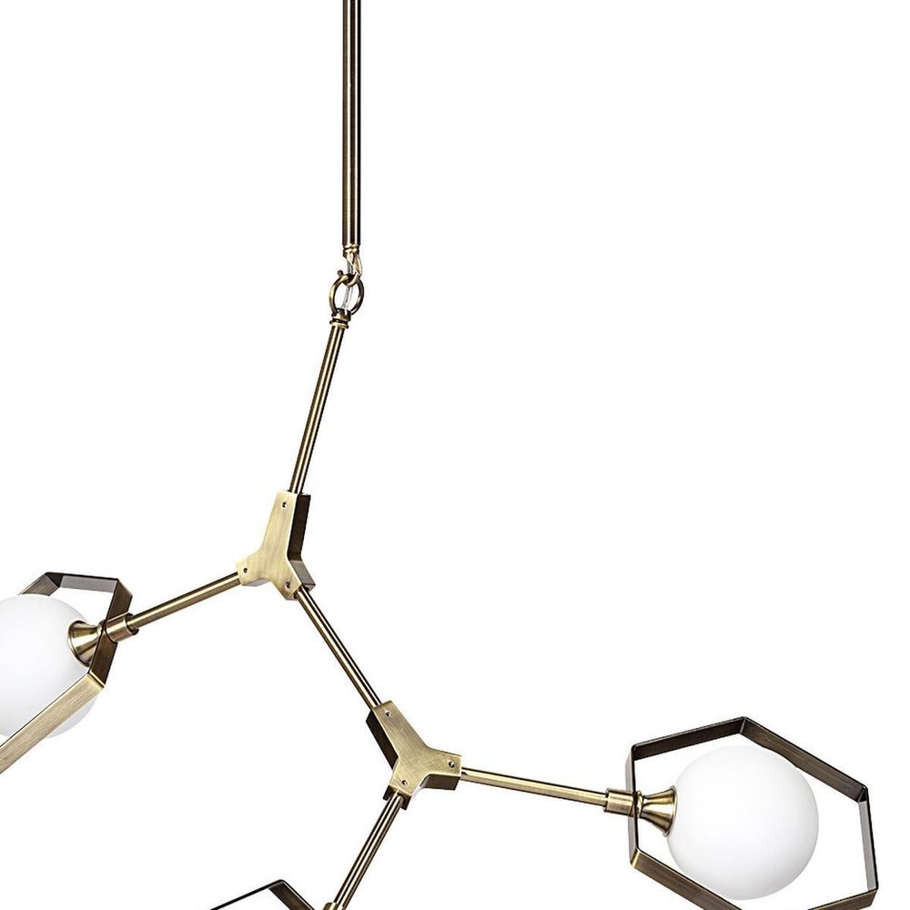 Champagne Unique Statement Three Light Metal and Glass Dimmable Chandelier With White Shades on a white background