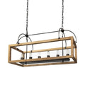 Natural And Black Candle Style Six Light Wood and Metal Dimmable Chandelier on a white background