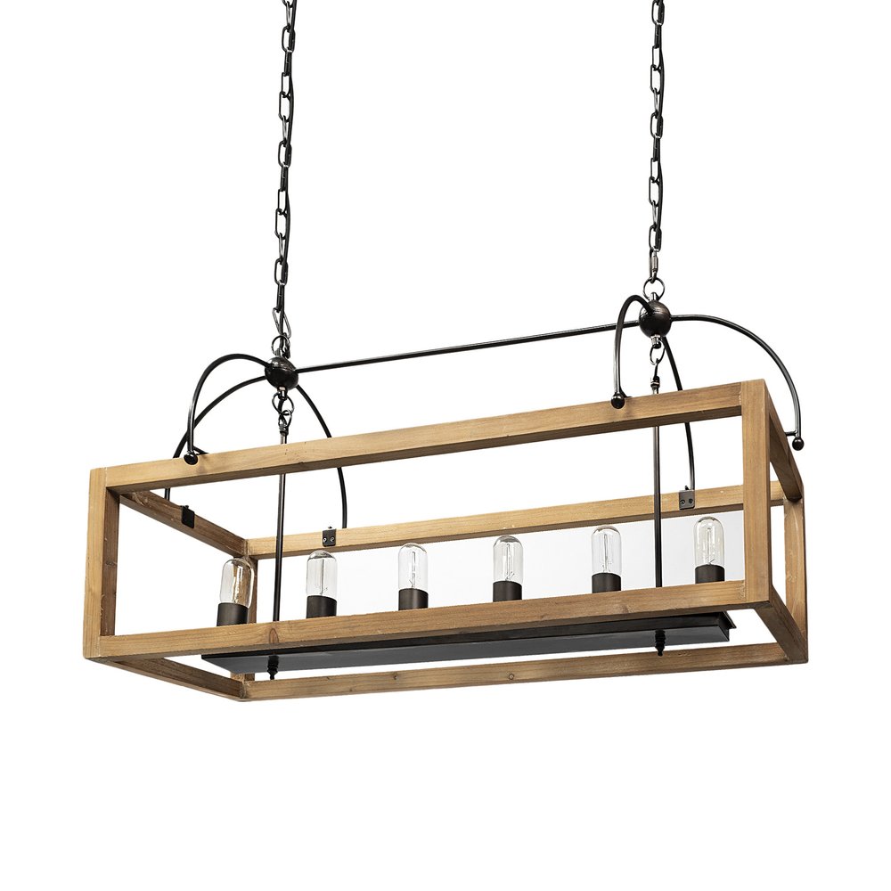 Natural And Black Candle Style Six Light Wood and Metal Dimmable Chandelier on a white background