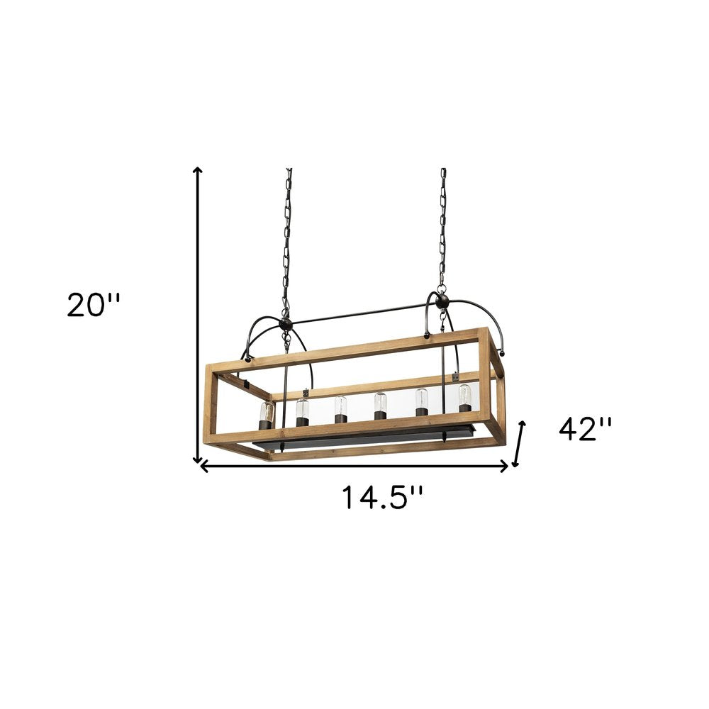 Natural And Black Candle Style Six Light Wood and Metal Dimmable Chandelier on a white background