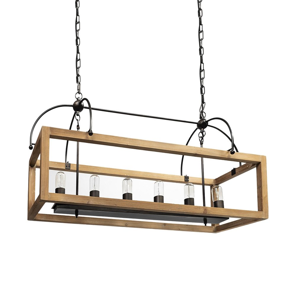 Natural And Black Candle Style Six Light Wood and Metal Dimmable Chandelier on a white background