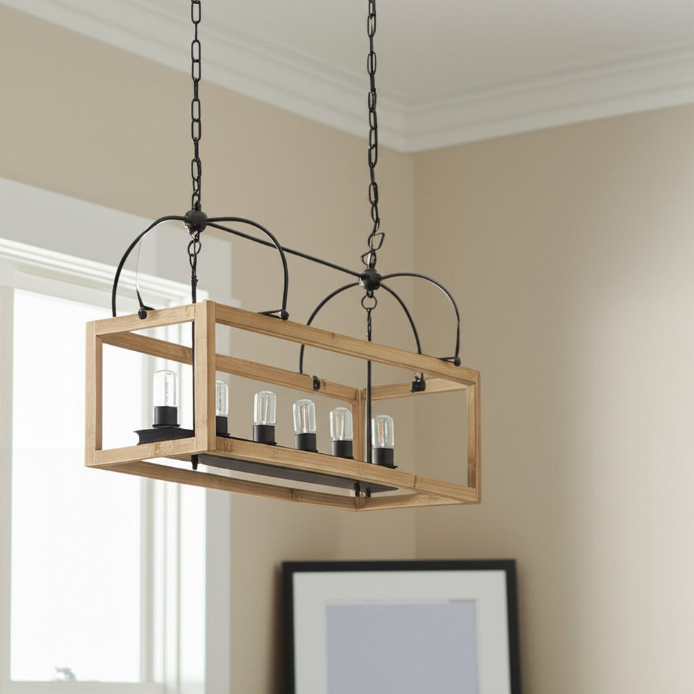 Natural And Black Candle Style Six Light Wood and Metal Dimmable Chandelier on a white background