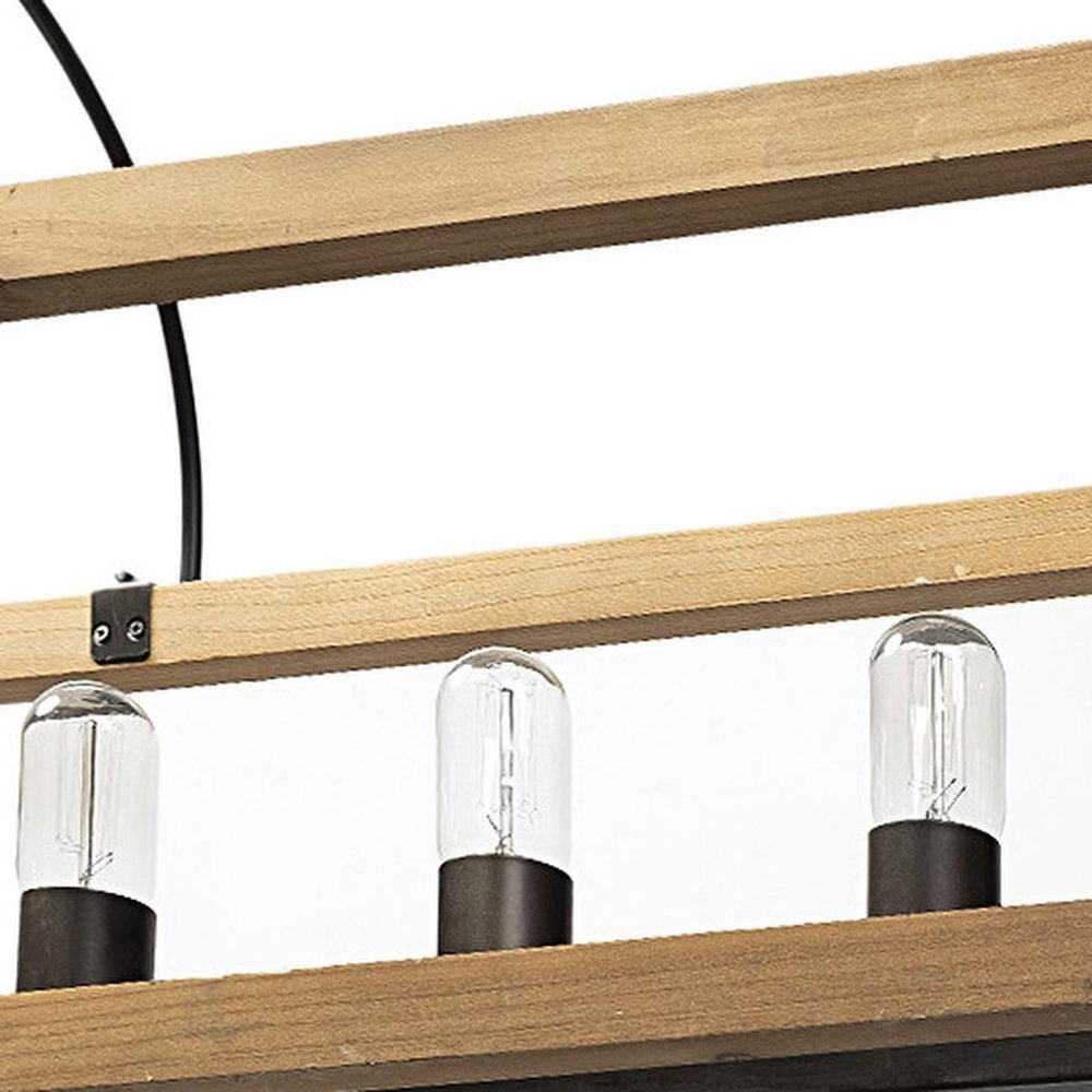 Natural And Black Candle Style Six Light Wood and Metal Dimmable Chandelier on a white background