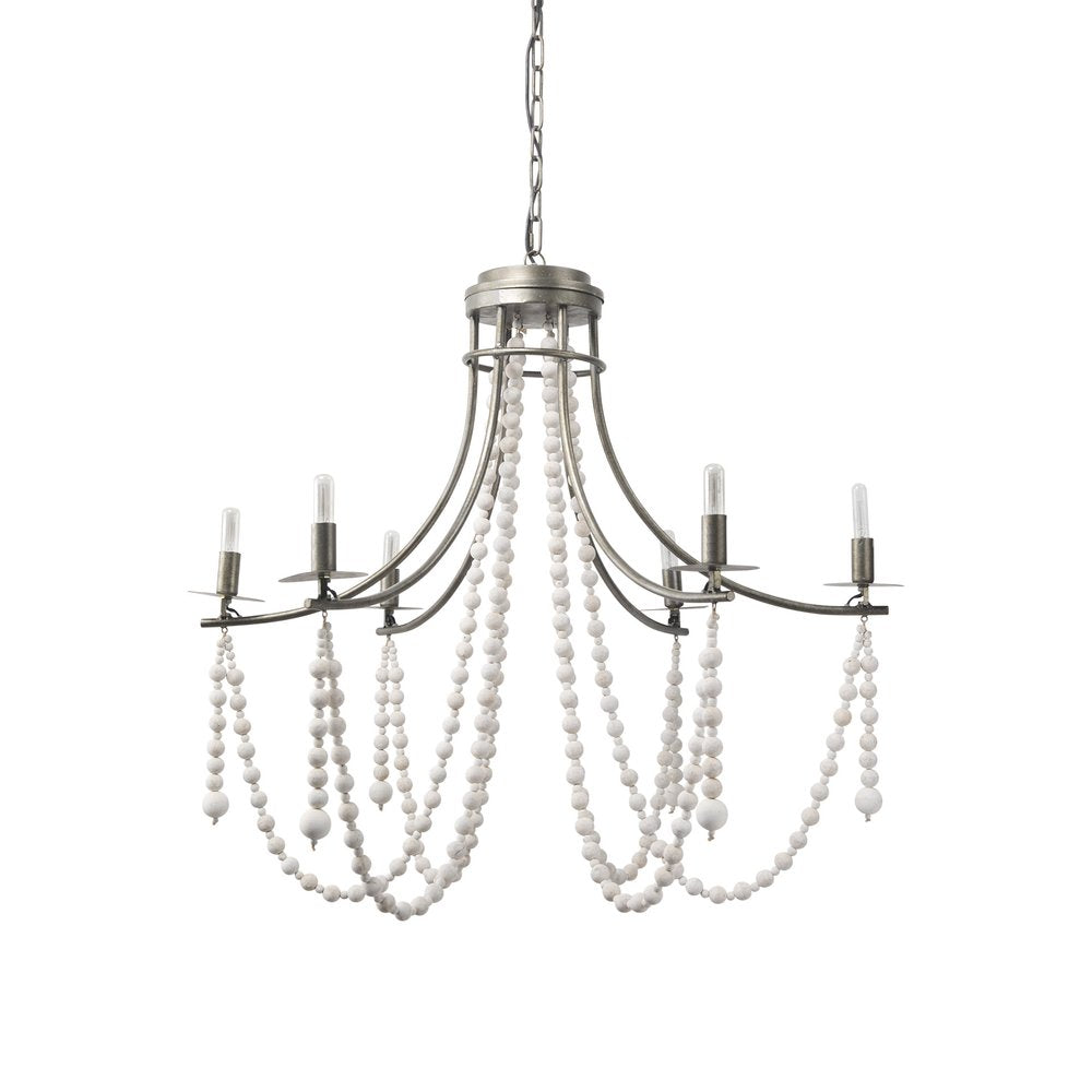 White And Silver Candle Style Six Light Metal and Beads Dimmable Chandelier on a white background