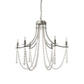 White And Silver Candle Style Six Light Metal and Beads Dimmable Chandelier on a white background