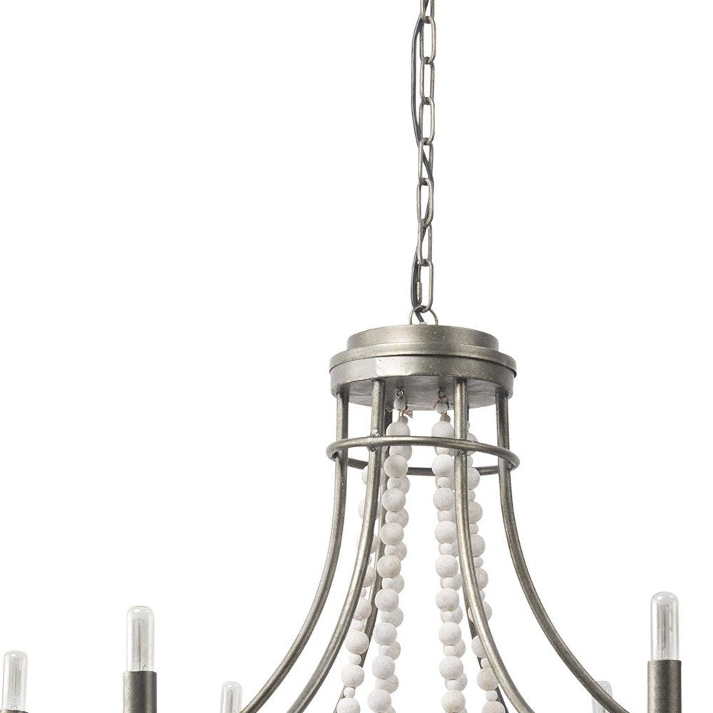 White And Silver Candle Style Six Light Metal and Beads Dimmable Chandelier on a white background