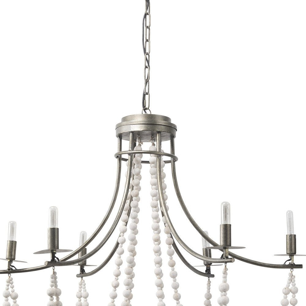White And Silver Candle Style Six Light Metal and Beads Dimmable Chandelier on a white background