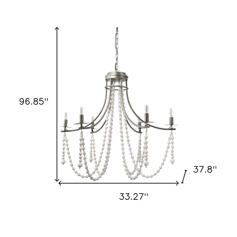 White And Silver Candle Style Six Light Metal and Beads Dimmable Chandelier on a white background