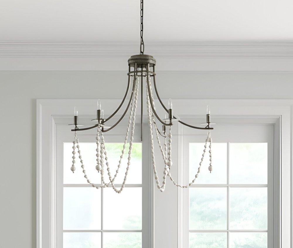 White And Silver Candle Style Six Light Metal and Beads Dimmable Chandelier on a white background