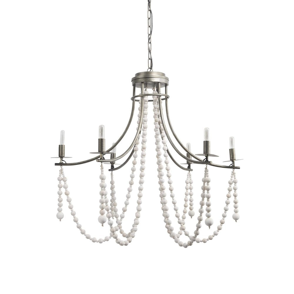 White And Silver Candle Style Six Light Metal and Beads Dimmable Chandelier on a white background