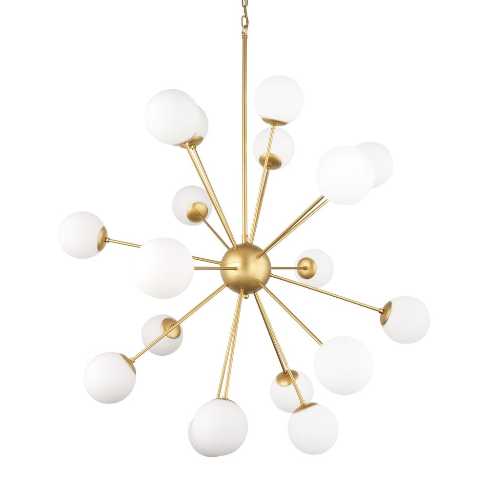 Gold Sputnik Multi Light Frosted Metal and Glass Dimmable Chandelier With White Shades on a white background