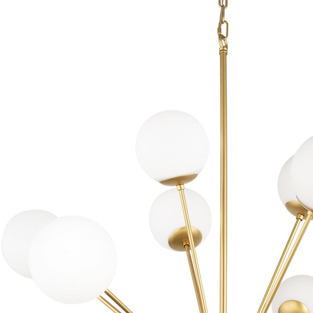 Gold Sputnik Multi Light Frosted Metal and Glass Dimmable Chandelier With White Shades on a white background