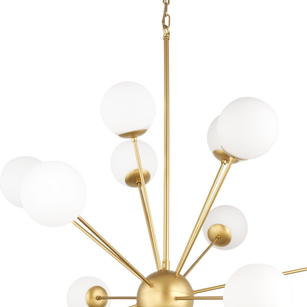 Gold Sputnik Multi Light Frosted Metal and Glass Dimmable Chandelier With White Shades on a white background