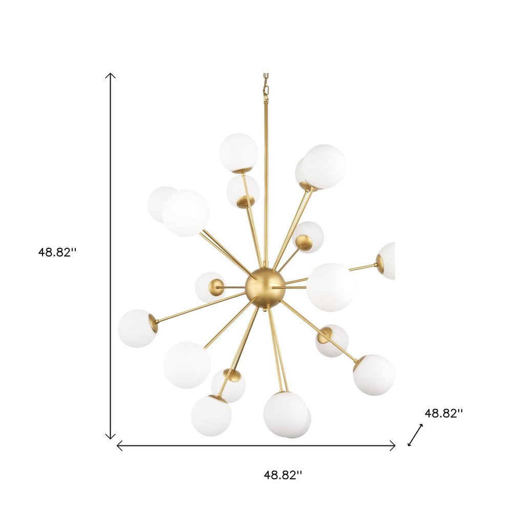 Gold Sputnik Multi Light Frosted Metal and Glass Dimmable Chandelier With White Shades on a white background