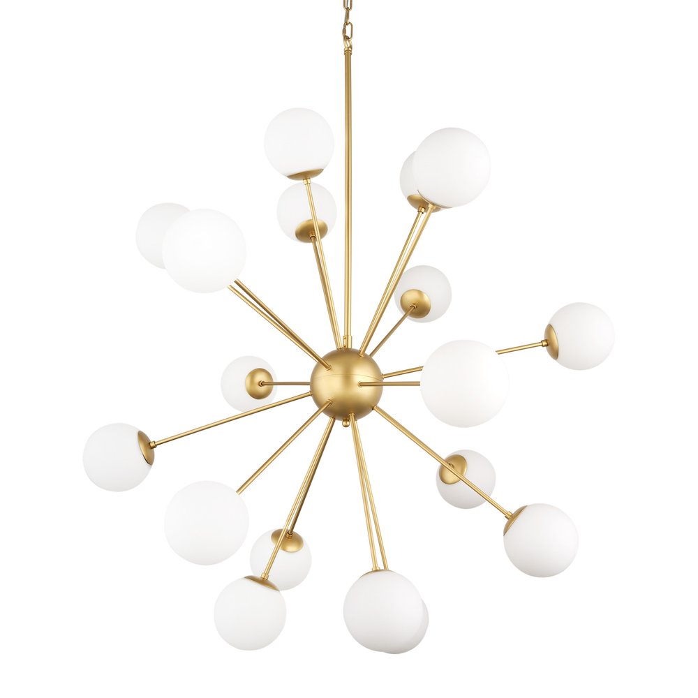 Gold Sputnik Multi Light Frosted Metal and Glass Dimmable Chandelier With White Shades on a white background